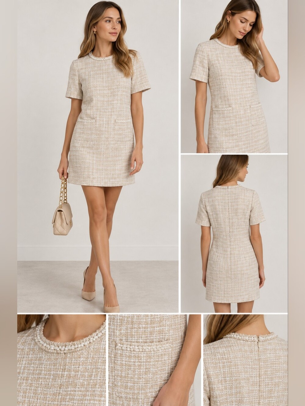 Chic Beige Tweed Mini Dress